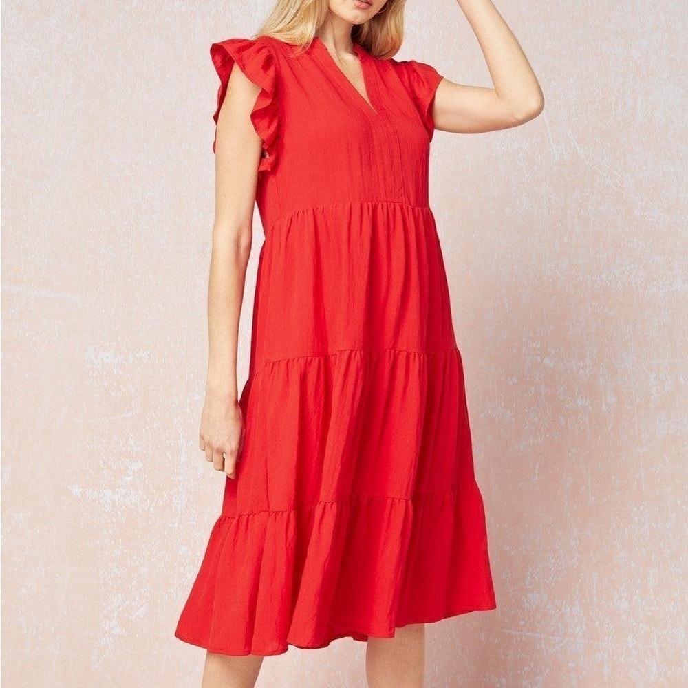 Aura Dress Womens M Red Solid v-neck tiered midi dress Ruffle Waterfall
